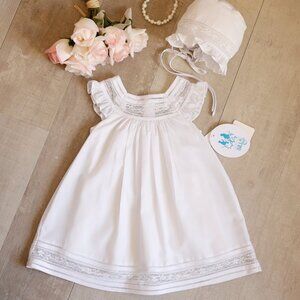 White Heirloom Dress & Bonnet Set Flutter Sleeve Lace Inlay Boutique 6 Month NWT